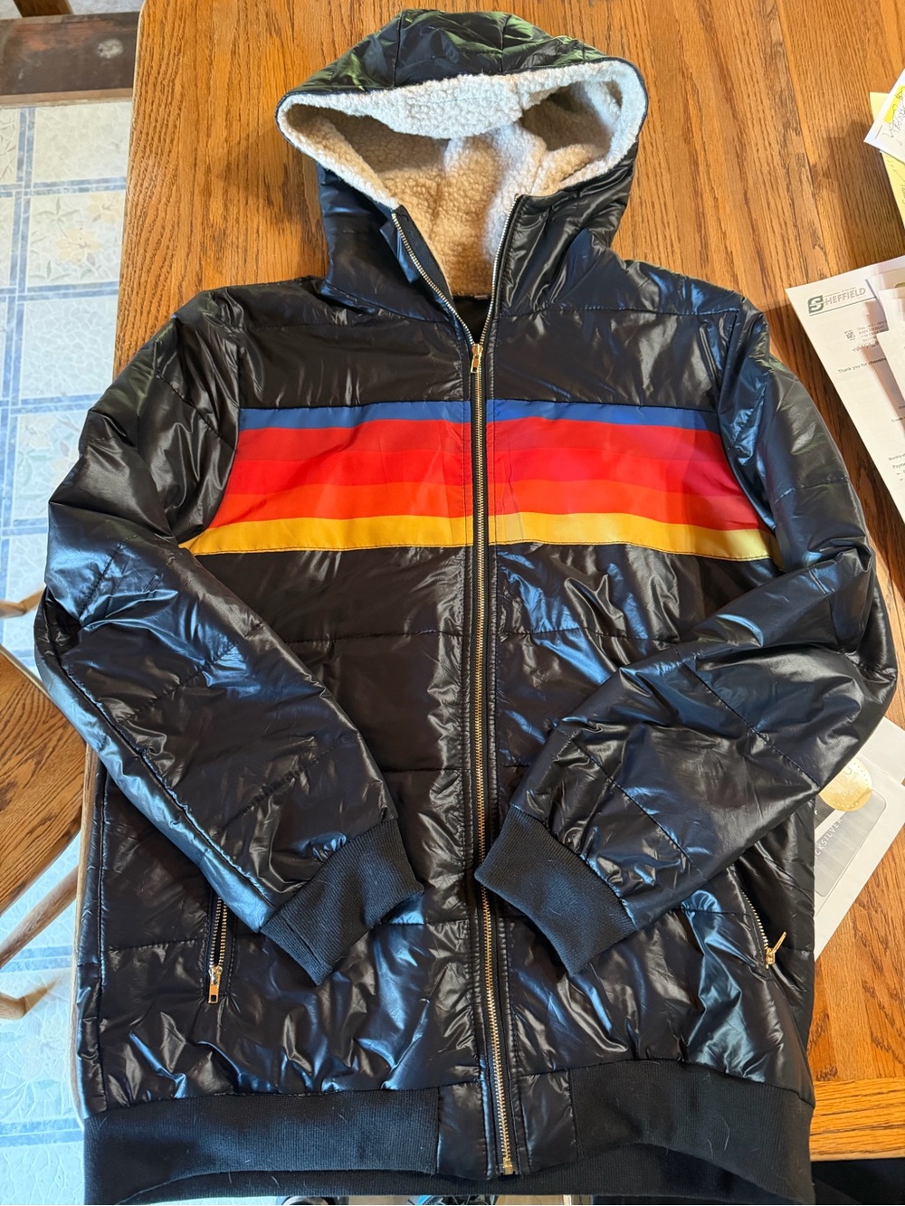 Women’s Black Hooded Puffer Jacket with Color Stripe